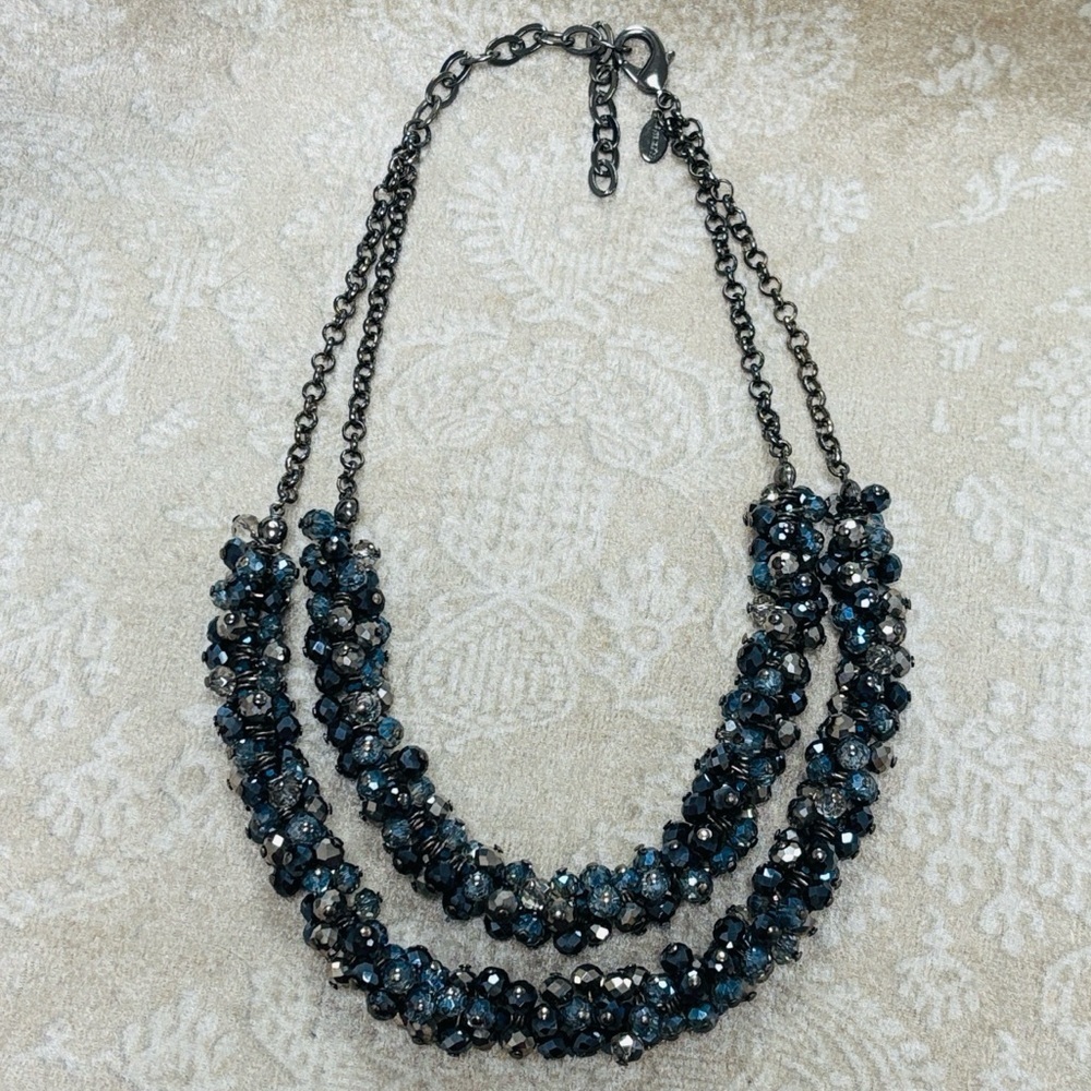 Chico's Silver Tone Blue Faceted Bead Double Strand Cluster Statement Necklace